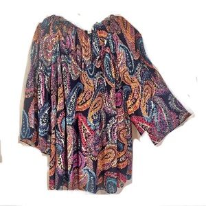 Spense Plus Size 1X Blouse Multicolor Paisley Smocked Flowy Bell Sleeve Sheer